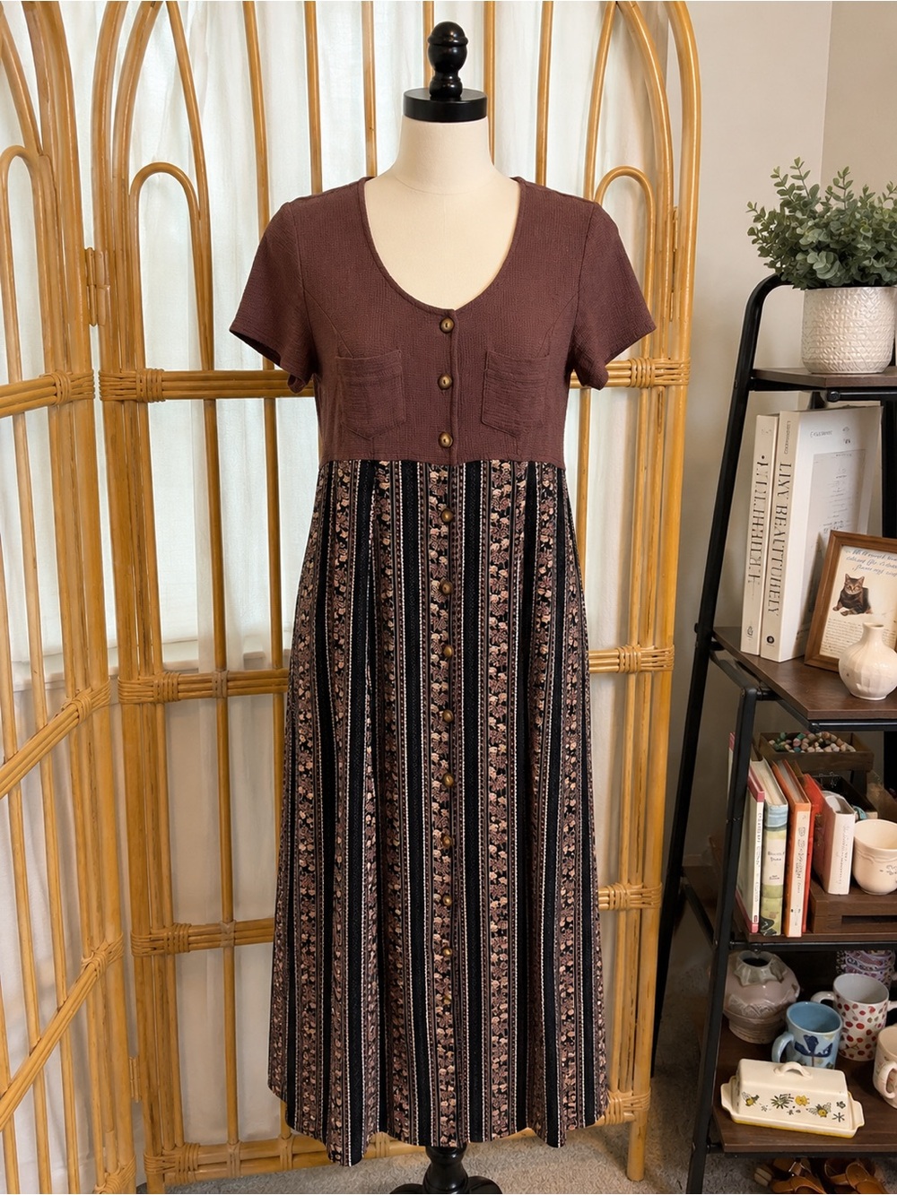 Vintage All That Jazz Brown Boho Maxi Dress with Floral Stripe Skirt